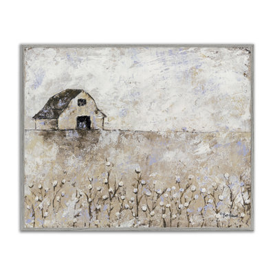 White Barn Distressed Landscape Cotton Field Florals - Painting