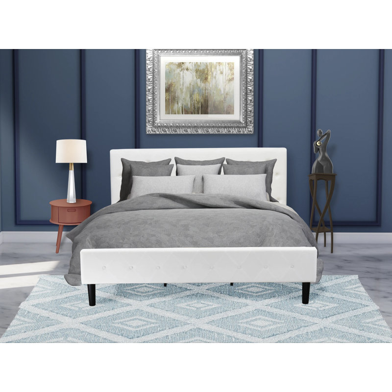 Ensemble de lit 2 pièces - Base de lit en bois touffeté à boutons - Tête de lit tapissier en tissu de velours blanc lin et table de chevet à finition bourgogne