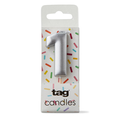 Metallic Digit 1 Candle Silver Paraffin Wax Everyday- Birthday Party Celebration