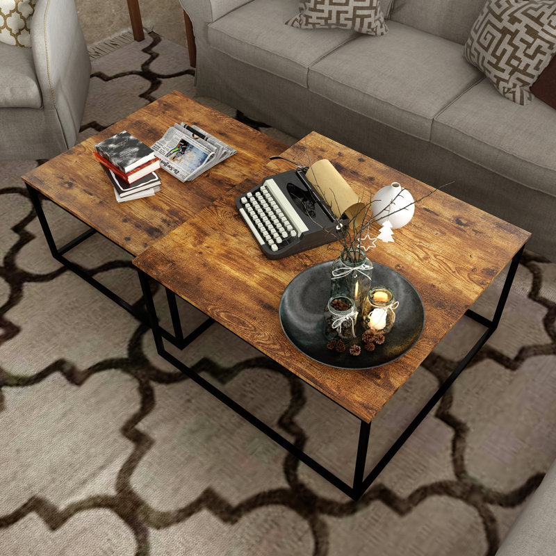 Rustic Brown and Black Square Wood Metal Nesting Coffee Tables, 2 Piece Set