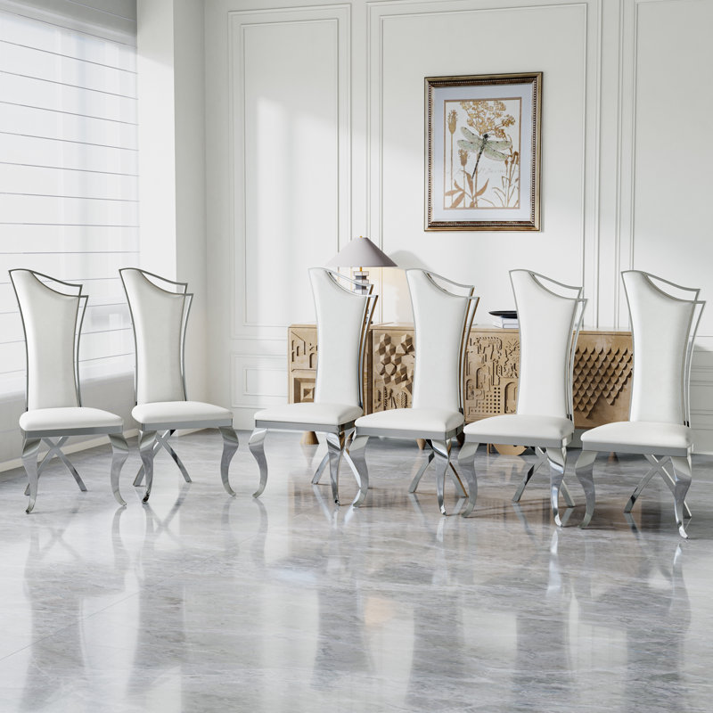 Solid Back Side Chair Dining Chair, Silver, 6, White