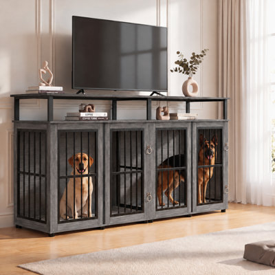 Meuble double 86,6 po pour caisses pour chien, meuble télé en bois pour ferme avec séparateur amovible, cage pour chien robuste pour 2 chiens, tube en métal et 4 portes verrouillables