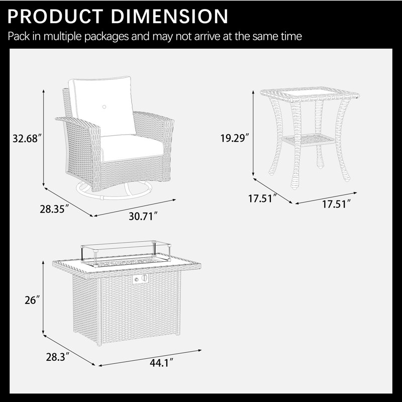 Lark Manor™ 7 Piece Wicker Patio Furniture Set with Fire Pit Table, Classis Outdoor Conversation 360 Degree Swivel Chairs Set with Coffee Table