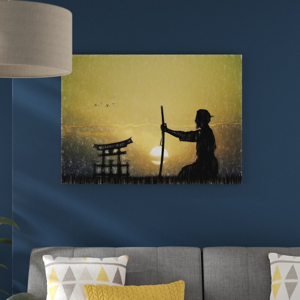 Leinwandbild „Alter Samurai-Meister vor Horizont“, Grafikdruck