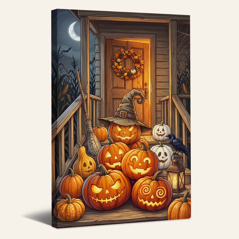 Toile d'Halloween «Jack-o-lantern» et chapeau de sorcière, 48"H x 36"W