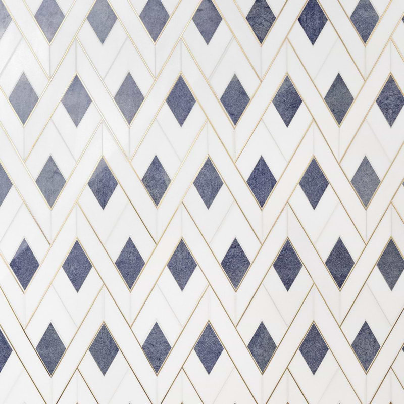 Zeta 12x16 Polished Marble and Brass Inlay Waterjet Mosaic Tile, Azul Blue