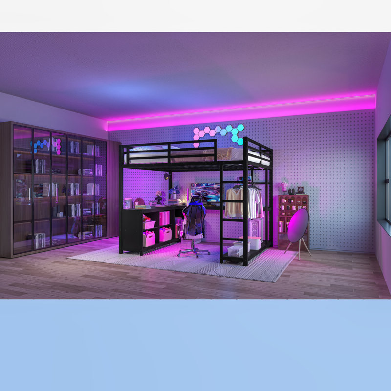 Grand lit mezzanine en métal noir avec garde-robe et bureau en L, support robuste, conception peu encombrante