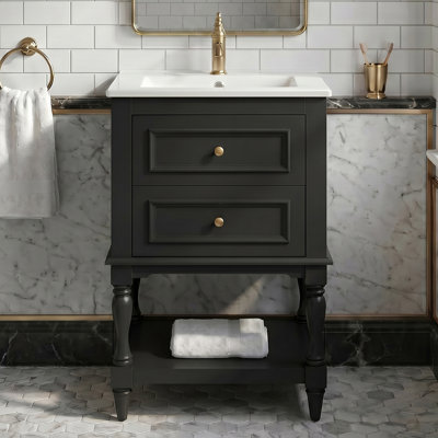 20'' Bathroom Vanity with Ceramic Sink｜Black｜Retro Design Bathroom Cabinet with 2 Drawers and  Open Shelf ｜U-shaped drawer｜A Complete Bathroom Centerpiece