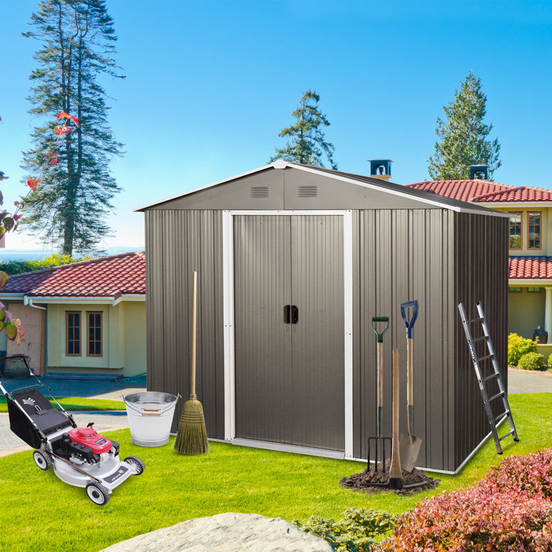 8Ft X 6Ft Metal Shed, Gray - Galvanized Iron Build Corrosion & Functional Storage Option Shed With Foundation Gray, Steel To Extreme Weather