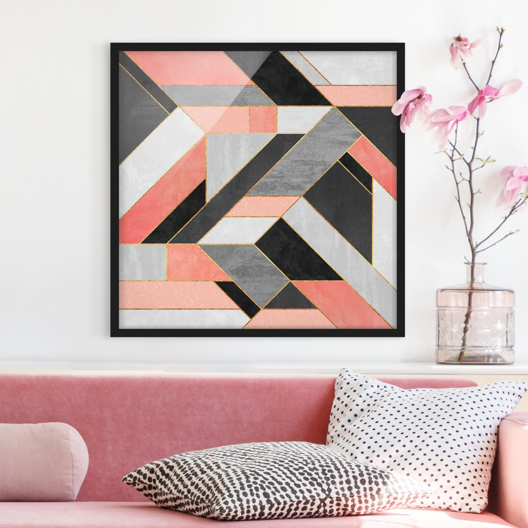 Gerahmtes Poster Geometry in Rosa/Gold