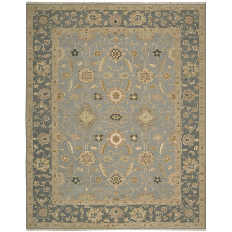 Tapis bleu clair en laine noué à la main Burnham, Rectangle 5 pi 10 po x 8 pi 10 po