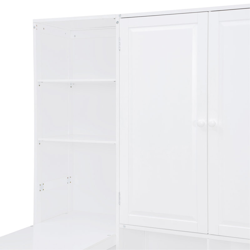 Lit de jour en bois pleine grandeur avec trois tiroirs, armoire tout-en-un, bureau et tablettes, Lit double, Blanc