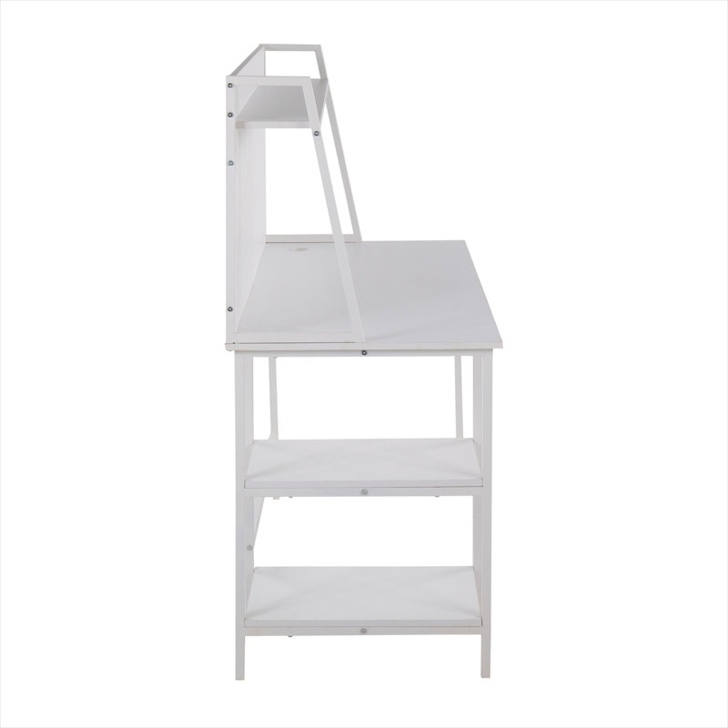 Bureau d'ordinateur avec tablettes, finition blanche compacte, plateau rectangulaire en bois aggloméré et structure en acier