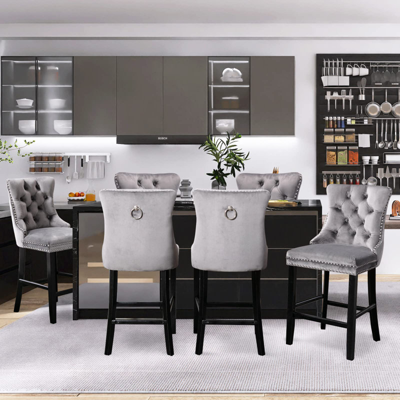 Tabouret de bar rembourré en velours avec dossier capitonné, Gris, Noir, 6
