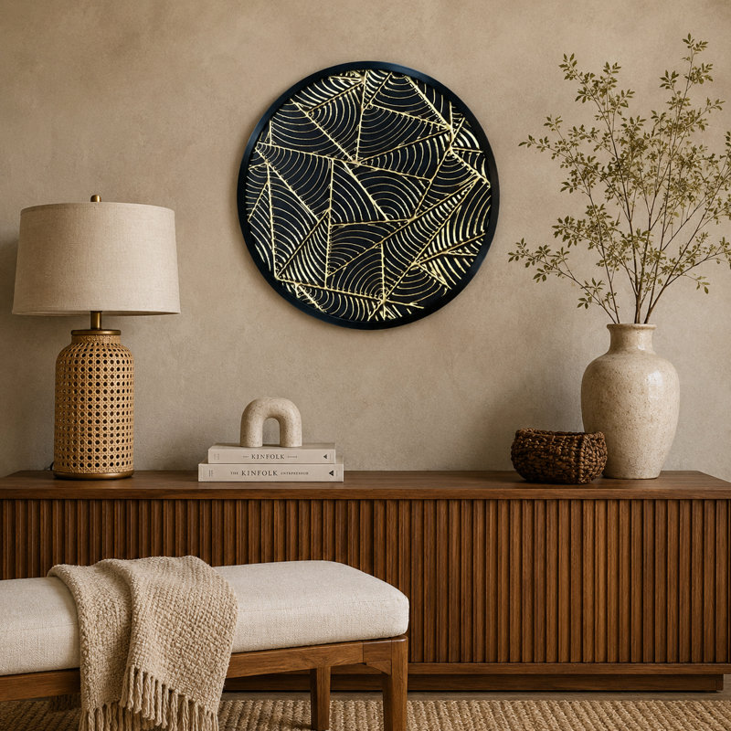 Art mural moderne abstrait à motif de feuille d'or noire encadrée, 11.9" H x 11.9" W