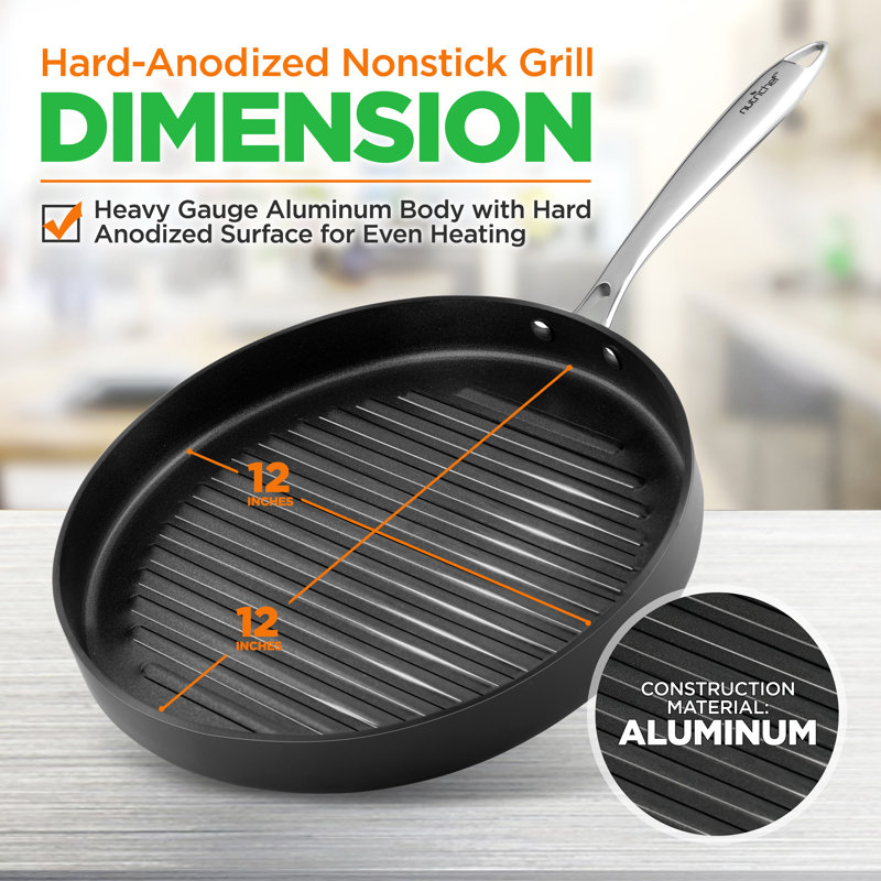 NutriChef Hard-Anodized Nonstick Grill Pan with Riveted Handle