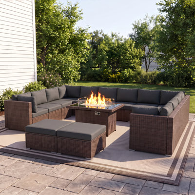 Pashk 15-Piece Outdoor Sectional Seating Group with Cushions and 60,000 BTU Fire Pit Table, 12-Person Conversation Set