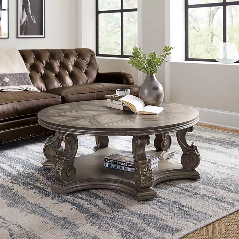Double-layer carved round coffee table, 18.1" H X 43.3" L x 43.3" W