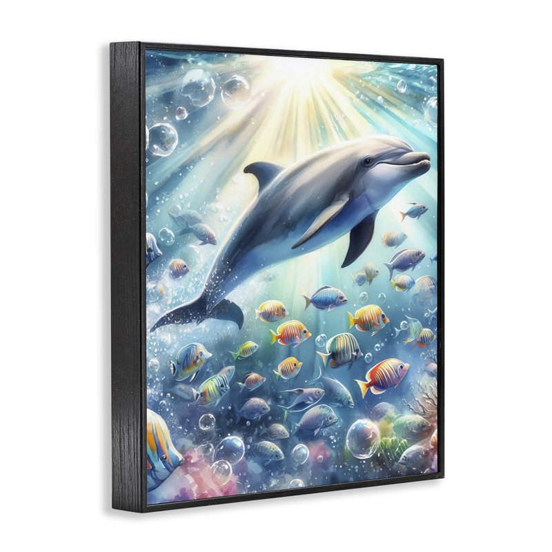  Dauphin parmi la vie marine, estampe numérique par LSR Design Studio, H 20 po x l 16 po, Giclée encadrée noir minuit