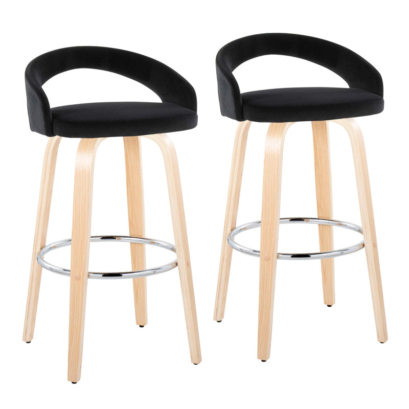 Tabouret de bar à hauteur fixe avec pivot en bois et velours avec repose-pieds rond en métal - ensemble de 2, Noir, Naturel