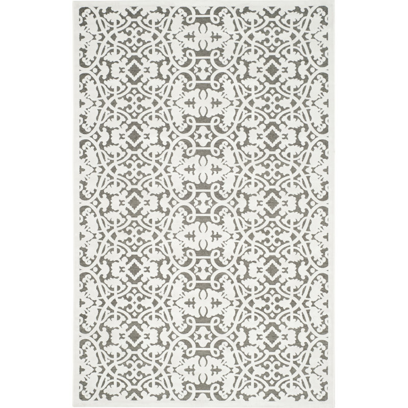 Ivory and Dark Grey 8' x 10' Damask Wool Viscose Rug