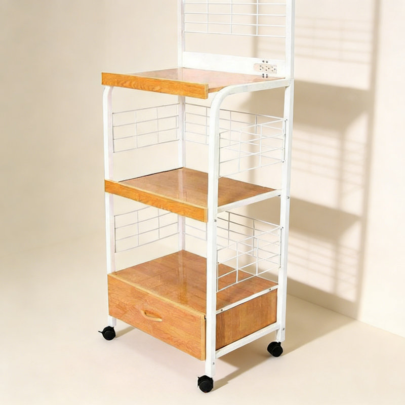 59.5" Tall 3-Tier Microwave Kitchen Cart with Drawer and Outlet, Natural/White