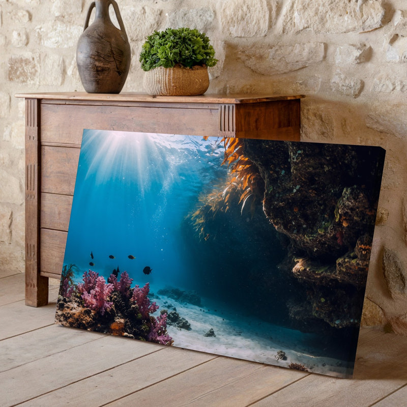 Toile, scène sous-marine vibrante représentant une caverne océanique ensoleillée avec art mural, H 11 po x l 14 po