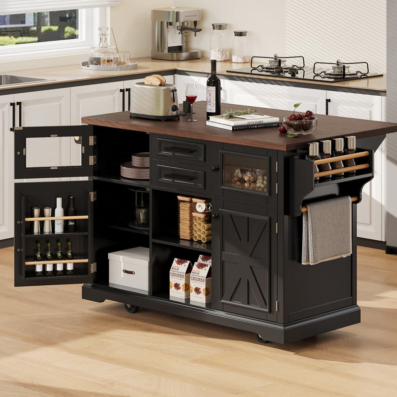 54.9" Kitchen Island With Drop Leaf, Black