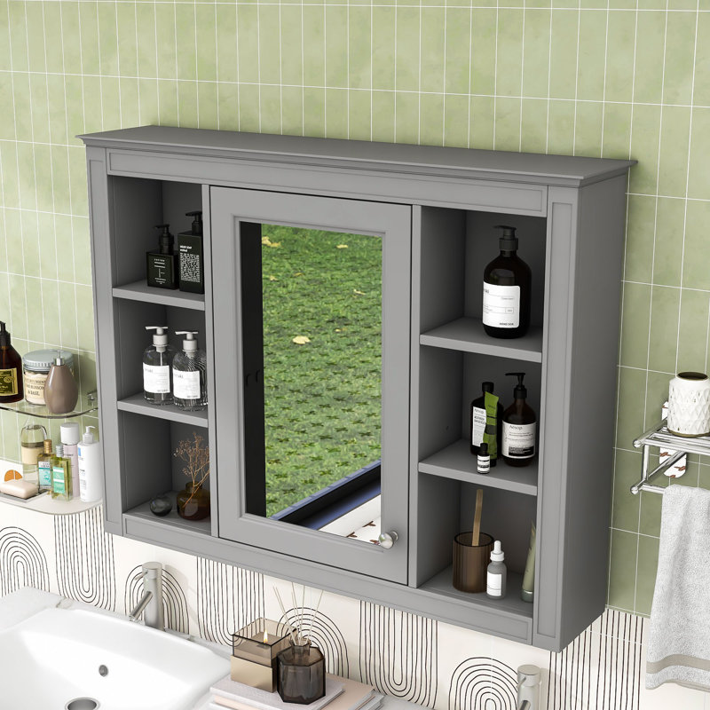 Armoire à pharmacie murale avec porte miroir réfléchissante et tablettes pour le rangement de la salle de bain, Gris
