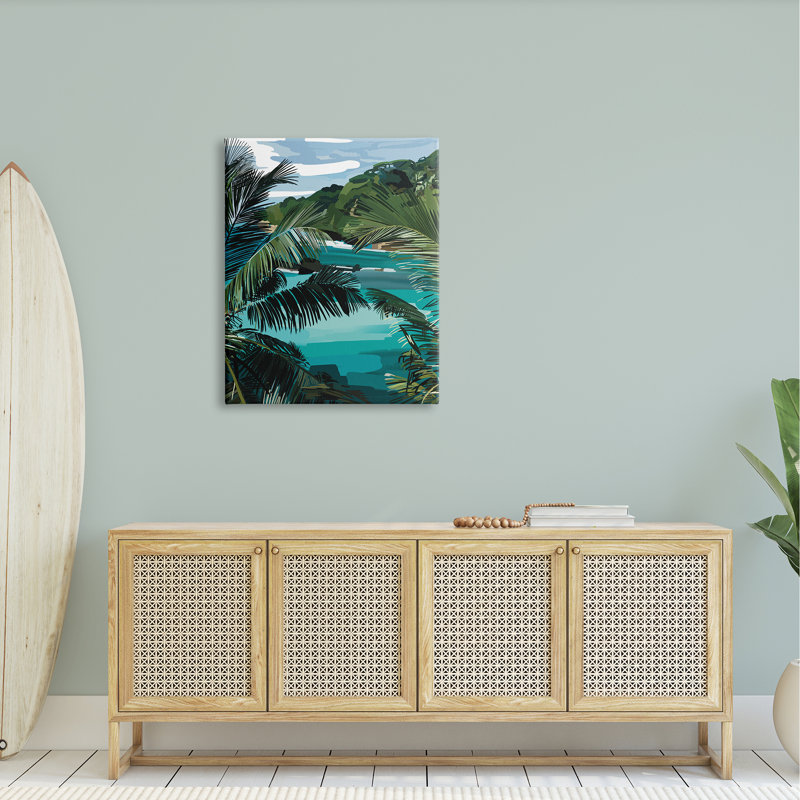 «Tropical Ocean Inlet Lush Palm Tree Hills» par Amelia Noyes - Peinture, H 40 po x l 30 po x P 1,5 po, Toile tendue