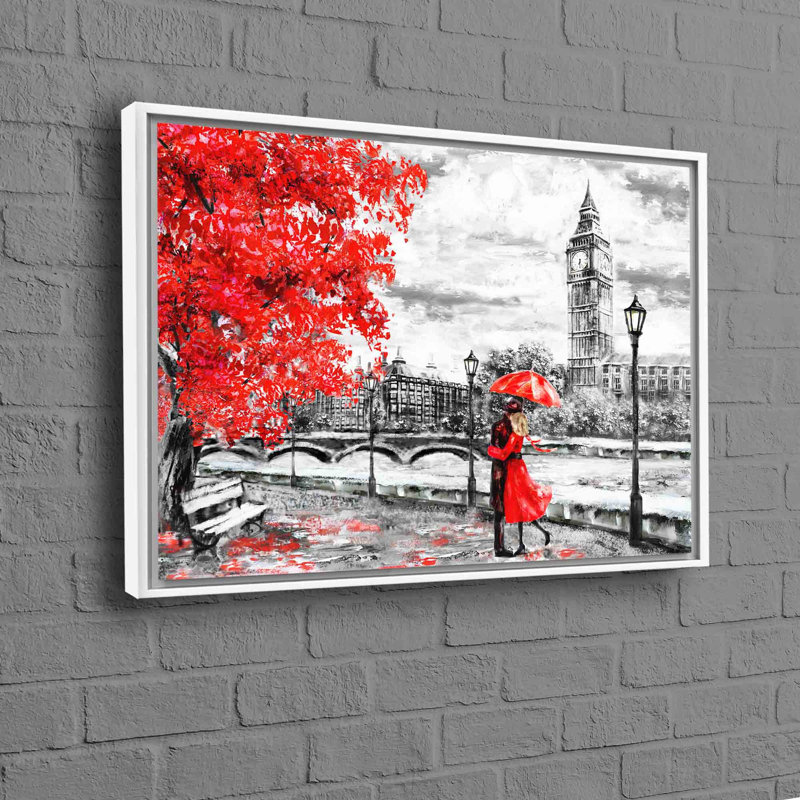 Romantic Couple Under Umbrella in Front of Big Ben Abstract London Landscape Wall Art, White, Framed Print without Mat