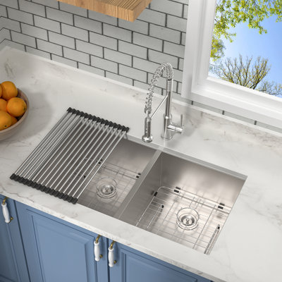 33" L x 19" W 50/50 Double Basin Stainless Steel Undermount Kitchen Sink with Accessories
