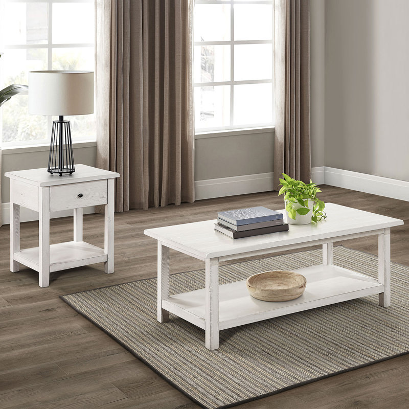 Ensemble de table en bois 2 pièces avec rangement en blanc vieilli, Blanc patiné