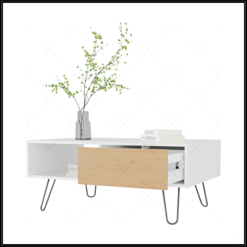 Table basse en chêne blanc et naturel avec 1 tiroir et pieds en épingle à cheveux