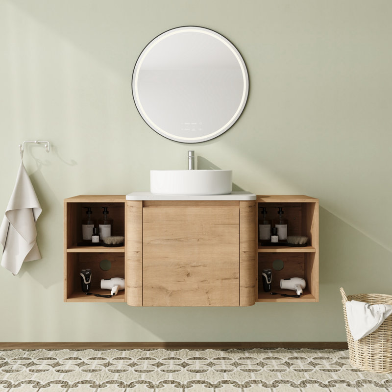 48'' Wall-Mounted Floating Bathroom Vanity with Quartz Top and Soft-Close Doors & Storage Shelves, White