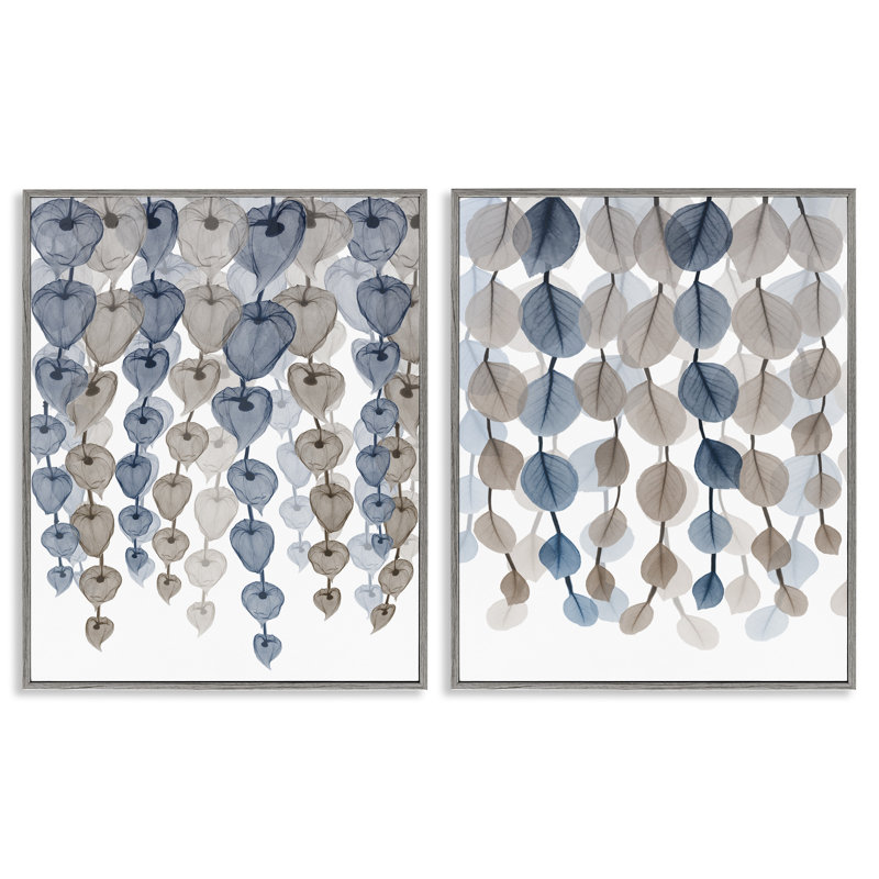 «Falling Vines Neutral Blue Brown Leaves» par Albert Koetsier - ensemble de 2 impressions d'art graphique, H 14 po x l 11 po