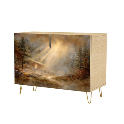 Sideboard Buffet Cabinet with Storage Ethereal Forest Landscape Warm Earthy Tones with 2 Doors for Living Room and Kitchen