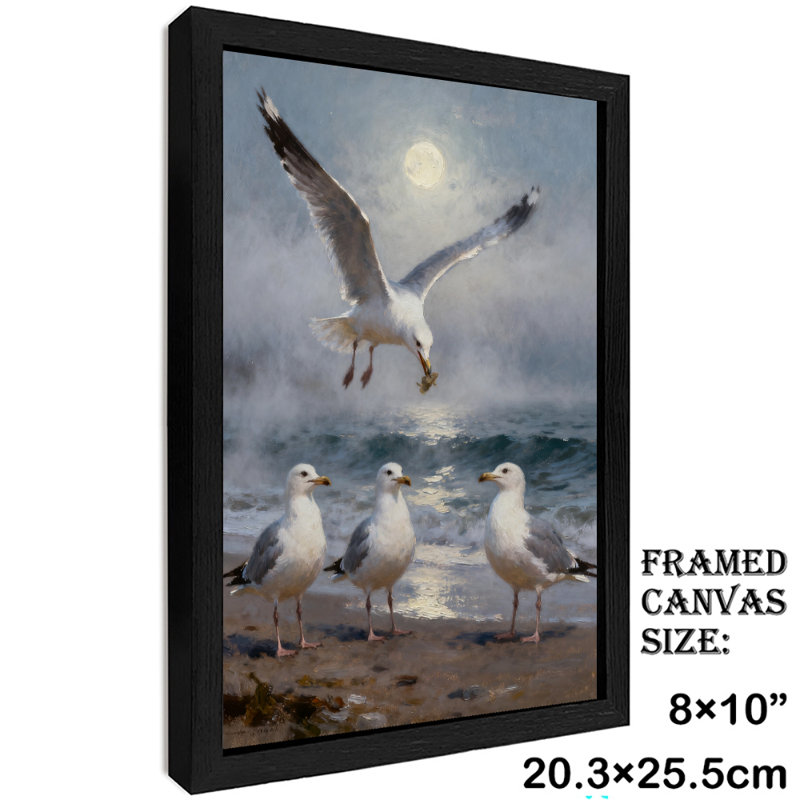 Art mural rétro noir encadré de mouette sur la plage, impressions de style rétro, H 11 po x l 9 po