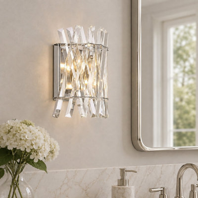 7.75 in. 2-Light Modern Polished Nickel Vanity Light with Layered Crystal Accents for Bathroom Mirror and Powder Room