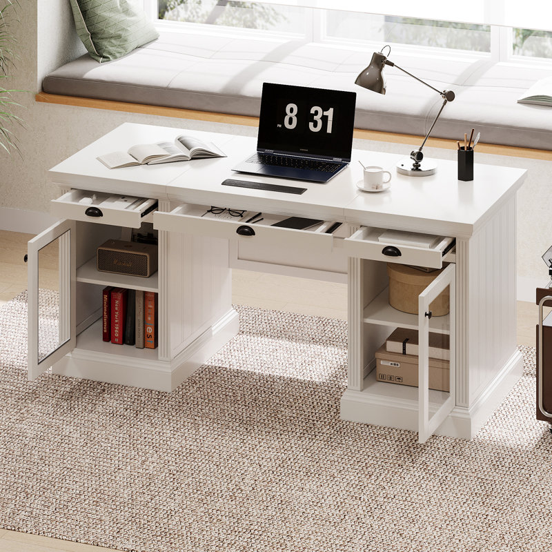 Bureau de direction 67 po avec 2 armoires et 3 tiroirs, Blanc cassé