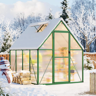 Serre extérieure 6 po x 7 pi, serre en polycarbonate avec évent de toit et clous de sol, grande serre en aluminium avec porte à poussoir verrouillable pour la cour extérieure