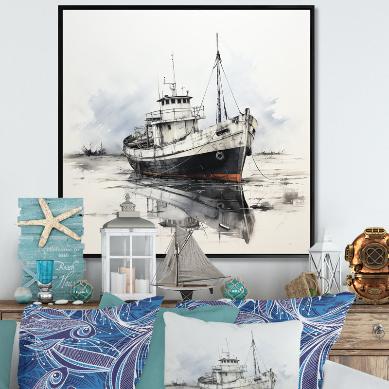 Bateau de pêche gris et blanc - impressions nautiques et de plage, H 24 po x l 24 po x P 1 po, Cadre flottant noir