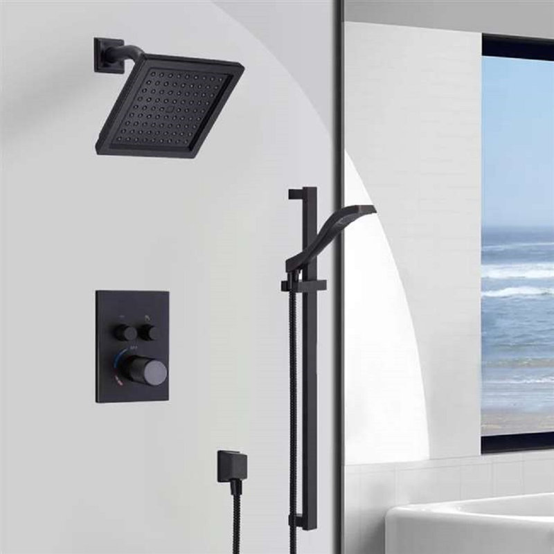 Ancona BathSelect Wall Mount Matte Black Square Shower Head With 2 Way Concealed Thermostatic Mixer Shower Set With Handheld Shower