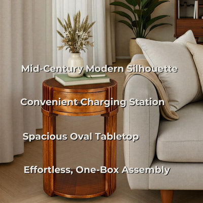 Estie Wood Slatted Chairside End Table With Charging Station