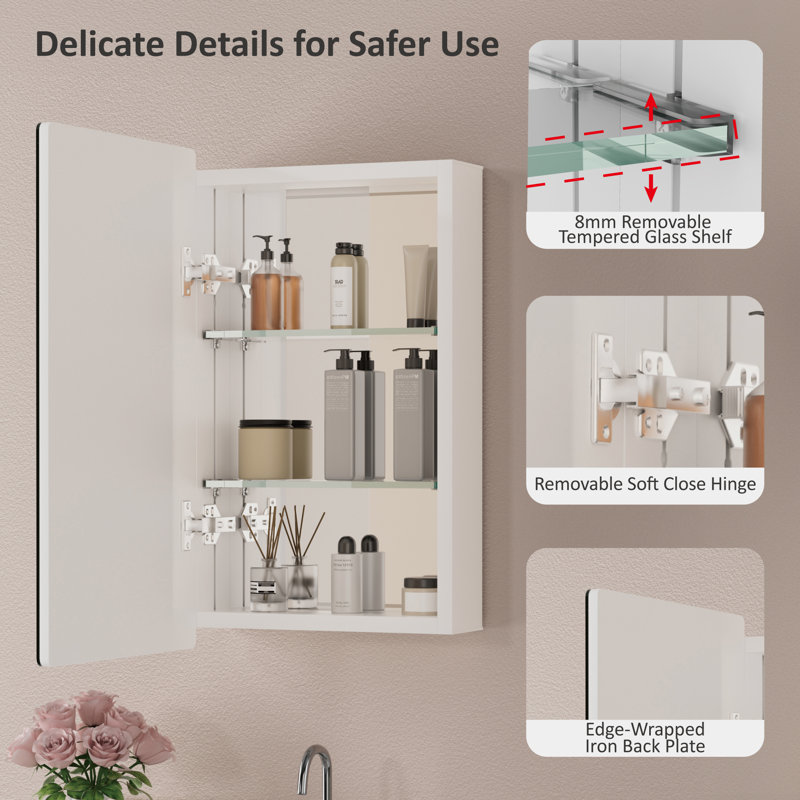 14" W X 24" H Surface or Recessed Mount Medicine Cabinet with Mirror, Aluminum Frame and Adjustable Tempered Glass Shelves for Makeup, Shaving or Bathroom Vanity Storage