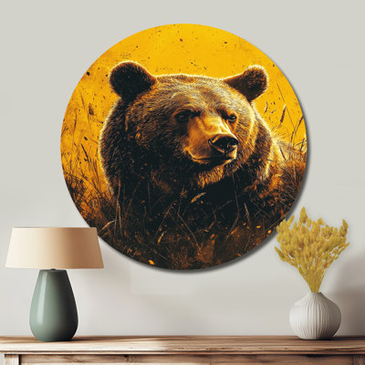 Summer Grizzly In The Wildflowers I - Bear Round Metal Wall Art For Living Room