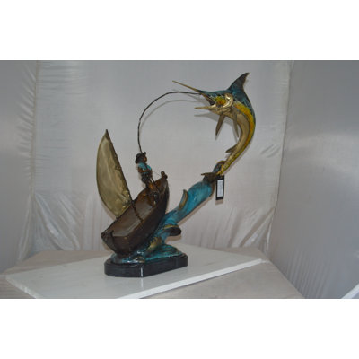 Old Man Fishing A Large Catch Bronze Statue -  Size: 27"L X 13"W X 30"H.