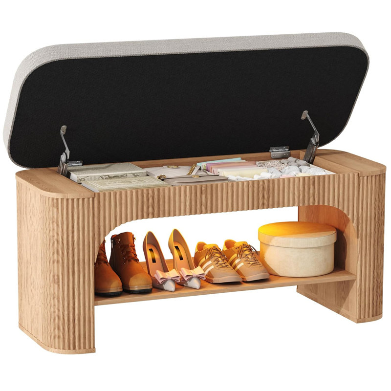Banc de rangement arqué 40,2 po avec lumière DEL intégrée, banc à chaussures rabattable avec siège rembourré et tablette de rangement ouverte