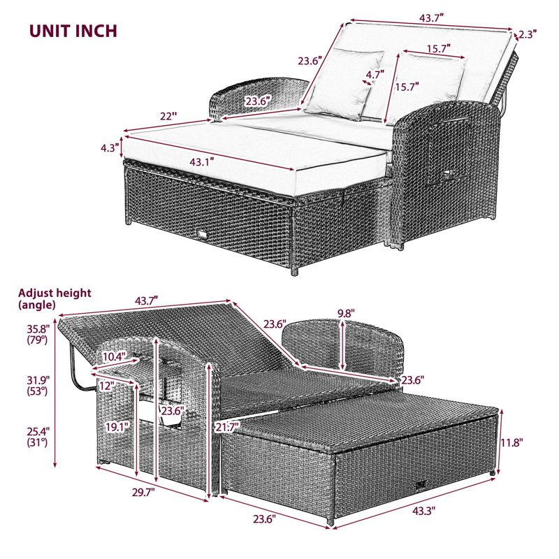 Double Chaise Lounge 2-Person Reclining Daybed With Adjustable Back And Storage Function, White
