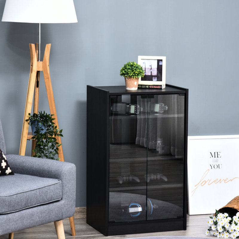 Armoire à support média vieilli, avec portes en verre trempé et tablettes réglables. Gardez le lecteur, le récepteur, la console de jeu, l'ordinateur portable, les livres rangés. Câble avec 5 portes et tablettes